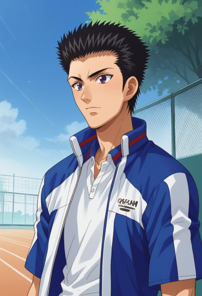 score_9, score_8_up, score_7_up, source_anime, highly detailed, 
takeshi, 
1boy, male focus, solo, black hair, short hair, spiked hair, purple eyes, sportwear, tennis uniform, shirt, polo shirt, white shirt, blue shirt, jacket, track jacket,
outdoor,