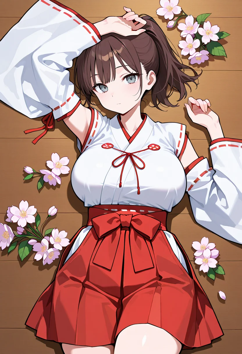 best quality, amazing quality cowboy shot, simple background,((outlined outlined vector graphics)), beautiful scenery, from above , looking at viewer ,
1girl, 20yo, brown hair, gray eyes, (large breast:1.1), (ponytail:1.1), medium hair,(curvy:1.1),bangs, cute face,
pink clothes, pink skirt, expressionless , , miko , miko-cosplay , detached sleeves, wide sleeves, lying , , arm up , , kawaii, flowers, <lora:miko-cosplay-il-01:0.8>