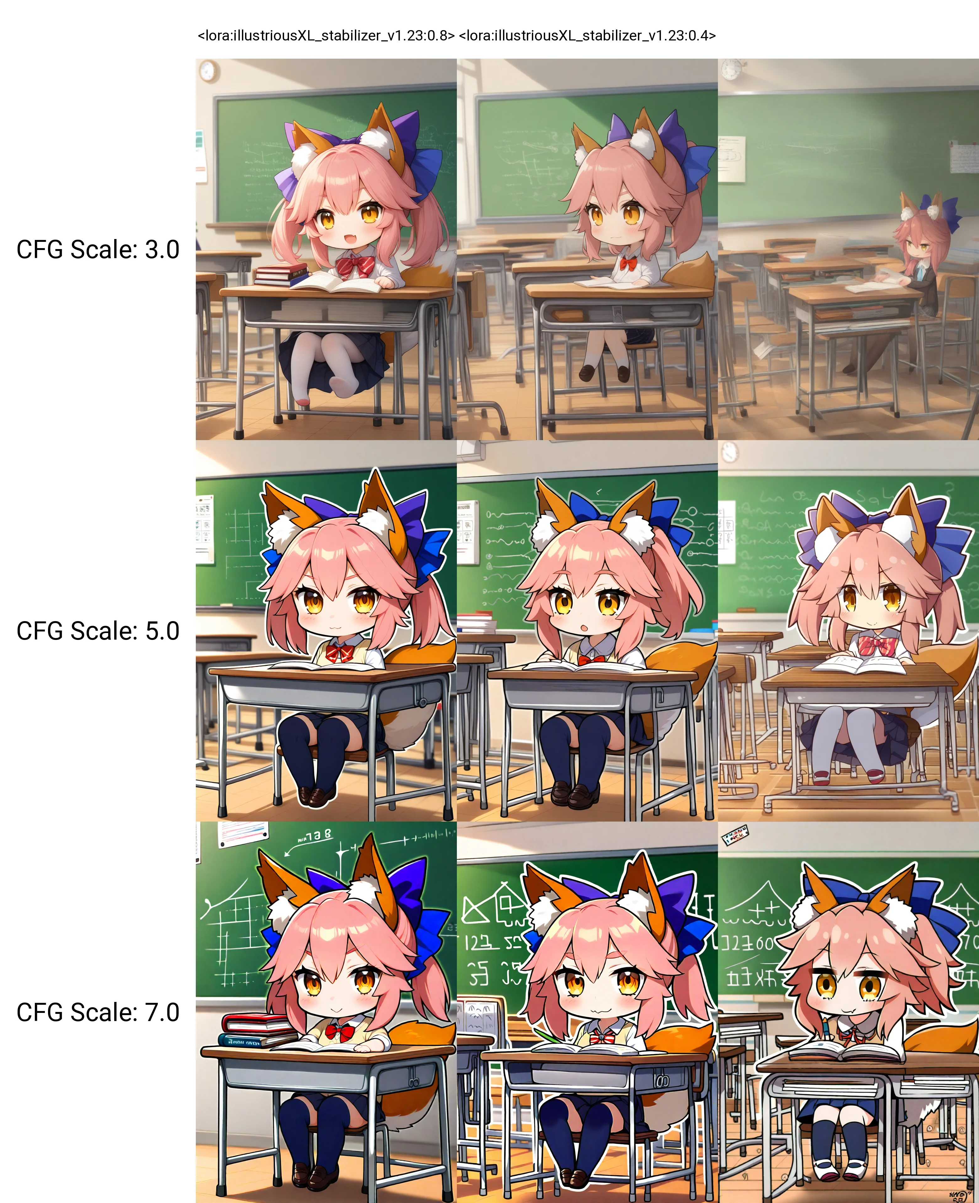 <lora:illustriousXL_stabilizer_v1.23:0.8>1girl,tamamo \(fate\),fox ears,chibi,sitting in classroom,book,masterpiece,best quality,math equation in backround,
