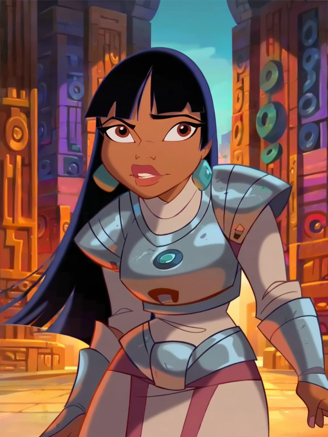 <lora:Chel_ElDorado-000015:0.7> sh_el, 1girl, black hair, brown eyes, tanned skin, jade braslet, ((steel knight armor)), castle background, score_9, score_8_up, score_7_up,