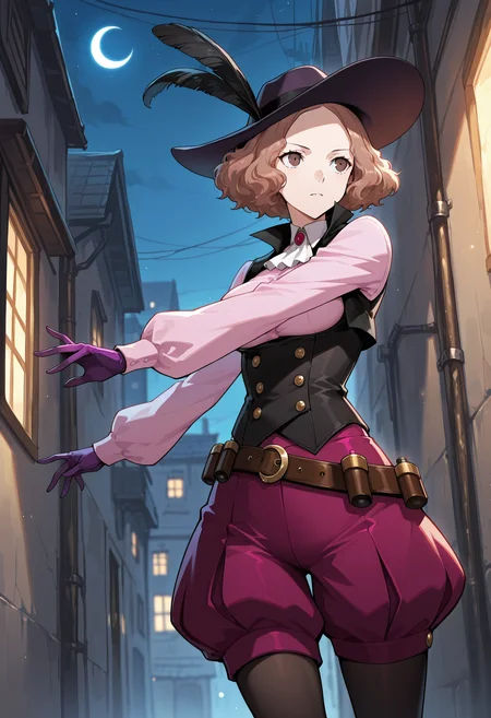(masterwork, masterpiece, best quality, hyper-detailed),
1 girl, solo,
p5haru, brown hair, short hair, wavy hair,
p5haru-noir, hat, hat feather, ascot, pink shirt, long sleeves, vest, underbust, magenta shorts, puffy shorts, legwear under shorts, black pantyhose, purple gloves, belt, bandolier,
outdoors, alley, nighttime, crescent moon, starlight, standing, dramatic pose, fighting, cowboy shot,