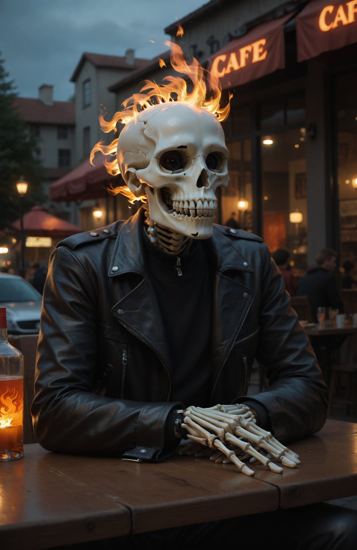 score_9, score_8_up, score_7_up, score_6_up, source_anime, realistic, 
upper-body, Solo, Skull-head, leather-jacket, shirt, long-sleeves, biker, ((flaming-head, skull-head on fire)), sitting-at-table, outdoor-cafe, skeleton-hands, head-rest,skeleton
absurdres, highly-detailed, best quality, masterpiece, amazing shading,