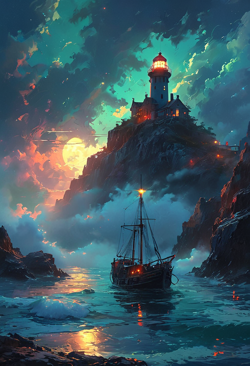 Under the eerie glow of a full moon, a dark and ominous landscape unfolds. A vibrant, colorful ship stands by the edge of a serene ocean, its vivid hues contrasting starkly with the foreboding atmosphere. In the background, a lighthouse stands atop jagged rocks, its light cutting through the darkness and reflecting off the ocean's surface, glistening in the moonlight. Thick, swirling clouds loom overhead, adding to the sense of an evil presence. The moonlight filters through the clouds, casting an otherworldly glow over the scene. A falling star streaks across the sky, adding a touch of mysticism to the night. The air is thick with a sense of ancient secrets and dark magic, as if the very night is alive with hidden power.  [romantic impressionism,dream scenery art,beautiful oil matte painting,romantic,style of thomas kinkade,beautiful digital painting,anime landscape,romantic painting,dreamlike digital painting,colorful painting,beautiful gorgeous digital art,style of greg rutkowski,janek sedlar,jenny saville:0]  <lora:vivid_everclear:0.6>  <lora:Sinozick:1>  <lora:MJ52:0.75>
