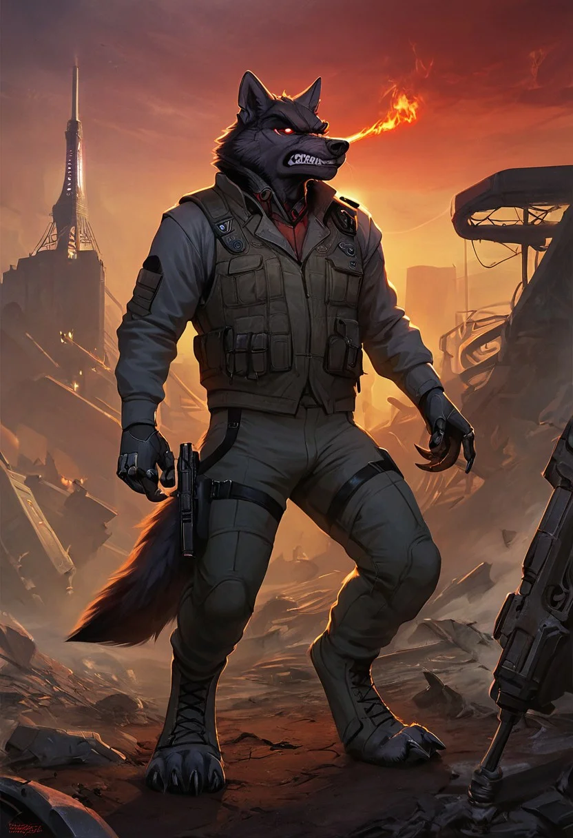 tank in background, male, solo, (anthro, (furry), wolf, black fur) stylized artwork, techwear, futuristic technology, dynamic, helmet, vest, cyberpunk, full body, dynamic lighting, radio tower, (handgun, sci-fi pistol, shooting gun, muzzle flash),
cybernetic enhancements, masterpiece, absurd quality, Sinozick, dark aesthetic, Warzone, destroyed city, fire, smoke, red sky, metal claws, huge claws, sharp teeth, angry,
(ray tracing, photo realistic, good shadows, score_9, score_8_up, score_7_up),