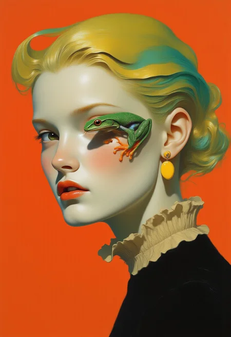 This high-resolution digital photograph features a young woman with striking, vividly dyed yellow hair highlighted with green, styled in a sleek, wavy pattern that frames her face, glossy and polished. Her fair skin is dotted with freckles across her cheeks and nose, her expression neutral with slightly parted lips and a direct gaze into the camera. Her right side is partially obscured by a green *Hyla cinerea* (Green Tree Frog) sticking to her face, its bright orange feet contrasting sharply against its green body. The frog’s legs wrap gently around her right cheek, covering her right eye, adding a surreal and whimsical element. She wears large, yellow ear-shaped earrings matching her hair, amplifying the playful, bold nature of her look. Dressed in a high-neck black top with a ruffled beige collar, she exudes a vintage or retro aesthetic. The background is a bold, vibrant orange, enhancing the striking colors of her hair and the frog, creating an intense, surreal atmosphere. Soft lighting casts gentle shadows that emphasize her features, giving the composition a minimalist yet dramatic feel, perfect for avant-garde fashion or artistic photography. (gongbihua, 3th33r34l , shanshui)