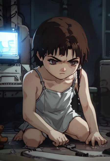 score_9, score_8_up, score_7_up, score_6, source_anime, lain, kneeling, chibi, kawaii, white camisole, (((((computer error screen))))), angry, furious, side view, annoyed, swearing, furious, dark computer room, watercooling systems, computer screens, computer room, computers, computer cables, networl cableslain's bedroom, ((low light, pitch dark)), dark night, dark ambiance, (((puddles, wet floor))), night, teddy bears background