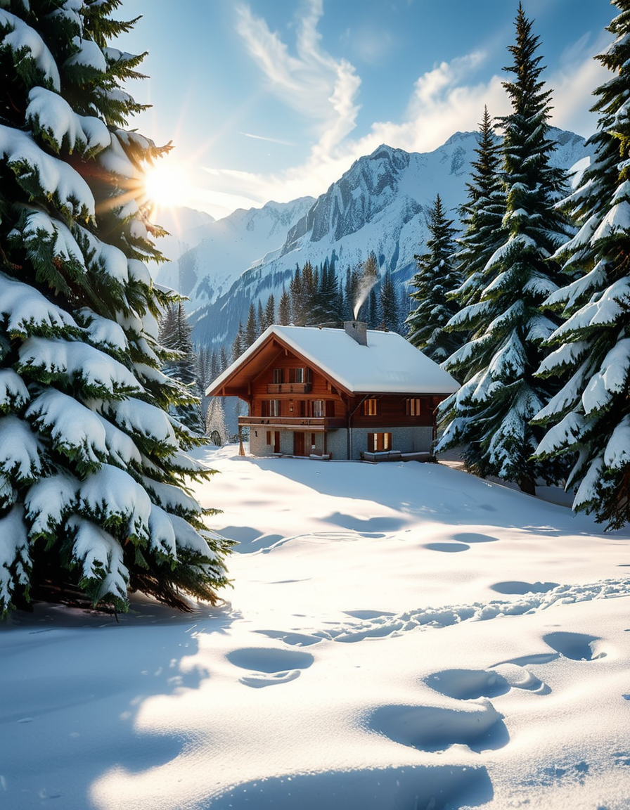 A cozy wooden chalet nestled in a serene winter landscape, surrounded by tall, snow-covered pine trees. Warm golden lights glow from the chalet's windows, contrasting with the crisp, cold air of the snowy evening. A thick layer of fresh snow blankets the ground, with a few footprints leading to the wooden front door. Smoke gently rises from the chimney, suggesting a warm fire inside. The sky is a soft twilight blue, with the first stars beginning to appear. In the foreground, a wooden fence partially covered in snow adds to the rustic charm. A small stack of firewood is neatly arranged near the entrance. The atmosphere is peaceful and inviting, evoking a sense of warmth and solitude in the midst of nature. The art style is hyper-realistic with soft lighting and high detail, emphasizing the texture of the wood, snow, and trees.
<lora:SDXLFaeTastic2400:0.4> <lora:extremely_detailed:0.4> extremely detailed, <lora:winter_l4ndsc4p3:1>,winter l4ndsc4p3, Masterpiece,best quality,hi res,8k,hi res,8k,award winning,(sharp focus, intricate, highly detailed),