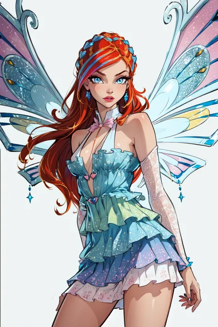 (Bloom:1.2), dress, fairy wings, red hair, blue eyes, sparkling outfit, (white background, solid white background:1.5), (realistic:1.2), (masterpiece:1.2), (full-body-shot:1),(Cowboy-shot:1.2), neon lighting, dark romantic lighting, (highly detailed:1.2),(detailed face:1.2), (gradients), colorful, detailed eyes,, (natural lighting:1.2), solo <lora:WinxClubEnchantixBloom-10:0.8> <lora:add_detail:0.3> <lora:BeautifulEyes:0.6>
