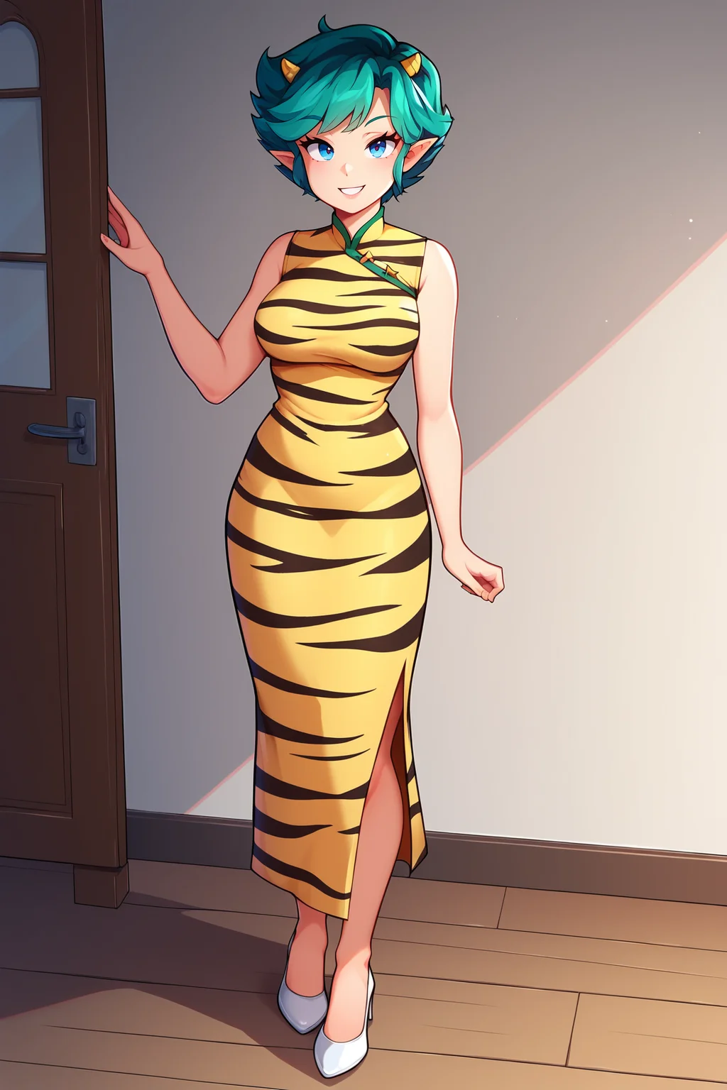 score_9, score_8_up, score_7_up, score_6_up, BREAK, LumMotherUYXL, blue eyes, green hair, short hair, bangs, yellow horns, short pointy ears, medium breasts, tiger print, yellow dress, sleeveless dress, white high heels, solo, full body, standing, seductive smile, looking at viewer, indoors <lora:LumMotherUYXL:1>