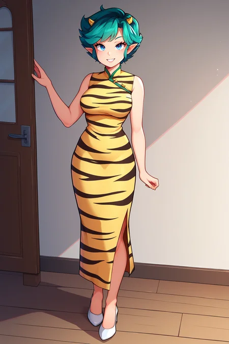 score_9, score_8_up, score_7_up, score_6_up, BREAK, LumMotherUYXL, blue eyes, green hair, short hair, bangs, yellow horns, short pointy ears, medium breasts, tiger print, yellow dress, sleeveless dress, white high heels, solo, full body, standing, seductive smile, looking at viewer, indoors <lora:LumMotherUYXL:1>