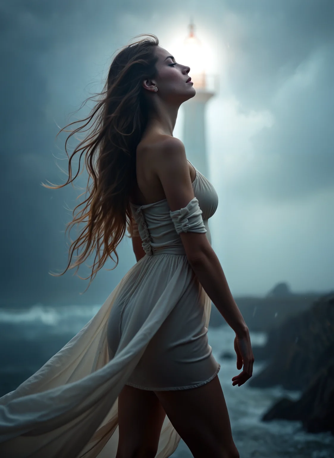 Hyperrealistic art a woman in a white dress standing in front of a lighthouse at night with her hair blowing in the wind, Artur Tarnowski, cinematic photography, a photorealistic painting, art photography. Cinematic photography, movie mood, cinematic light, compelling composition, storytelling elements, conveys emotion, mood, and narrative depth, creating visually striking images that feel like still frames from a film. <lora:add-detail-xl:.5> <lora:Flux-style-xl-lora:.5>