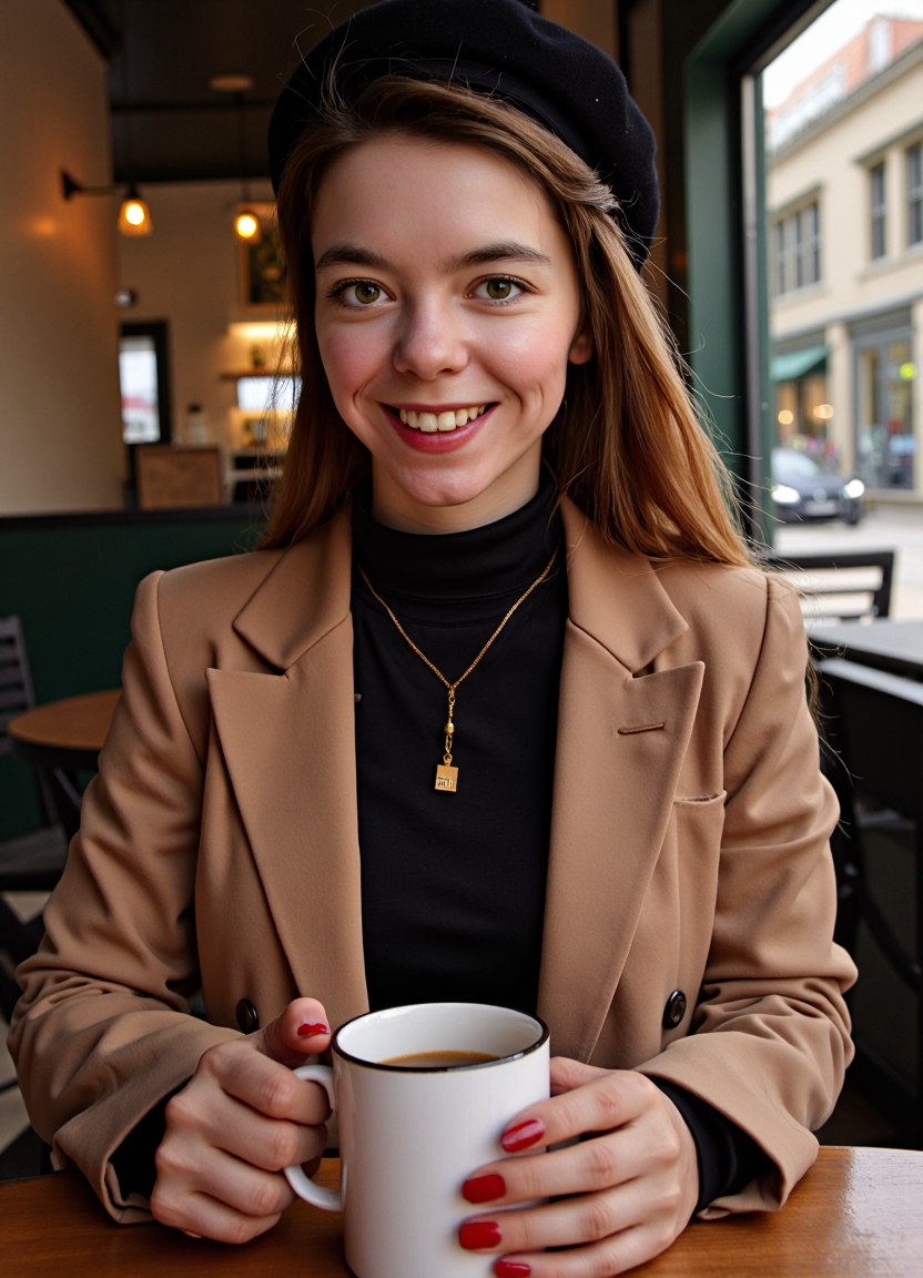 SFW, brightly lit, aidmaimageupgrader, A portrait of a woman seated at a table in an outdoor cafe. She wears a blazer and a black turtleneck sweater, accessorized with a black beret and a gold necklace with a pendant. She holds a white mug in her hands. Her nails are painted a vibrant red. The background is blurred, highlighting the woman as the main subject. The warm color palette is dominated by reds, blacks, and golds, creating a cozy and inviting atmosphere., looking at viewer, eyelashes, fine hair detail, entire hairstyle visible, perfect eyes with iris pattern, sensual lips, nose, (perfectly sharp:1.3), realistic textures, (deep focus:1.5), 8k uhd, dslr, ultra high quality image, film grain, Fujifilm XT3<lora:pony\Letha_Weapons_Pony_-_Adult_Actress_and_Model.safetensors:1.0:1.0> <lora:flux\custom\adult\lina-rose.safetensors:1.09:1.09> <lora:turbo-8-step-flux.safetensors:0.5:0.5> <lora:flux\style\Common\aidmaImageUprader-FLUX-v0.3.safetensors:0.25:0.25>