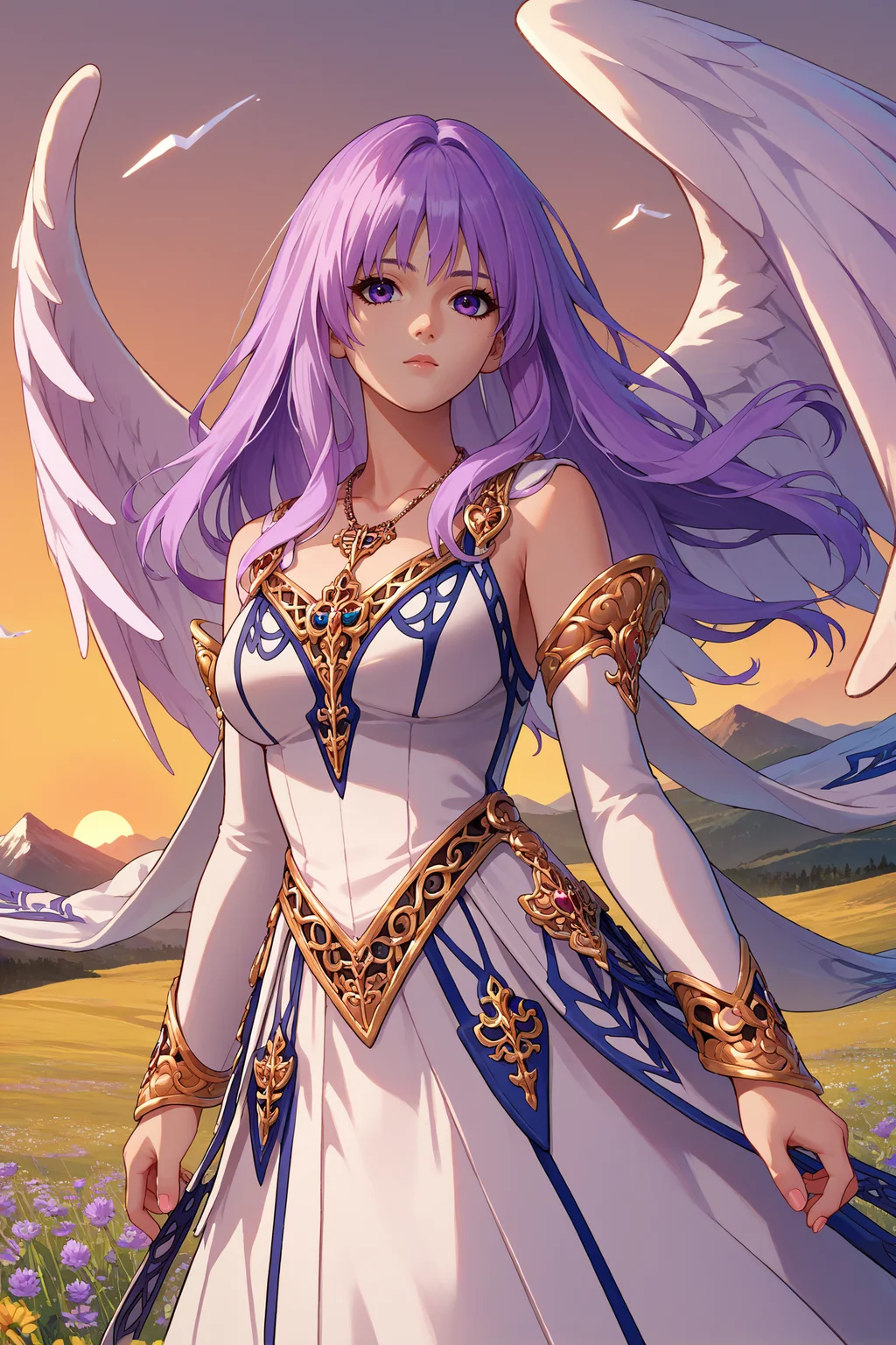 score_9, score_8_up, score_7_up, score_6_up, source_anime, 1girl, solo, <lora:ysreah-pdxl-nvwls-v1-000005:1> angelReah, lavender hair, long hair, purple eyes, angel wings, white dress, detached sleeves, necklace, big breasts, sunset, mountains, wide shot, field, looking at you