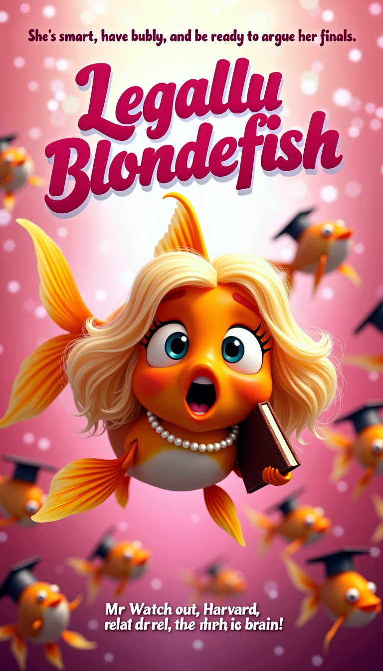A parody movie poster with the printed title: **"Legally Blondefish"** in bold pink fishy letters. A *Legally Blonde* Genre parody poster, featuring a cartoon goldfish with a blonde wig, pearls, and a law book, with a surprised expression, swimming in a bright pink and yellow underwater scene. In the background, a school of fish wearing graduation caps and gowns cheer. The movie title is in a playful, cursive font, with a sunny and optimistic color palette.
At the top of the poster, it reads: "She's smart, she's bubbly, and she's ready to argue her fin-als!"
In the bottom, there's a tagline: "Watch out, Harvard - here comes Elle Woods, the fish with a brain!"
The poster features the main character, Elle Woods, as a goldfish, surrounded by her fishy friends and colleagues. The blonde wig and pearls are a nod to the original *Legally Blonde* movie, while the addition of the law book and graduation caps show that this is a fish with brains and ambition. The bright and cheerful color palette contrasts with the seriousness of the legal genre, making for a humorous and lighthearted take on the subject.