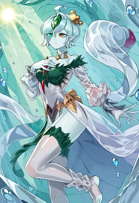 safe_pos, score_9, score_8_up, score_7_up, source_anime, verybadimagenegative_v1.3, easynegative, perfect lighting, ExpressiveH. rating_safe
BREAK
((ygoaegirine), (transparent slime girl, (transparent:1.2), transparent body, transparent face), colored skin, short hair, hair over eye, crown, hair ornaments, heterochromia, green eye, red eye).
BREAK
(detailed face:1.3), beautiful face, teardrop breasts, (small breasts:1.2), thin body, perfect hands, tall.
BREAK
1girl, solo, (emotionless), (transparent, lowleg leotard, waist cape, pelvic curtain, transparent thighhighs, toeless legwear, transparent loose-fit legwarmers). side view, closed mouth, hand over chest, fullbody