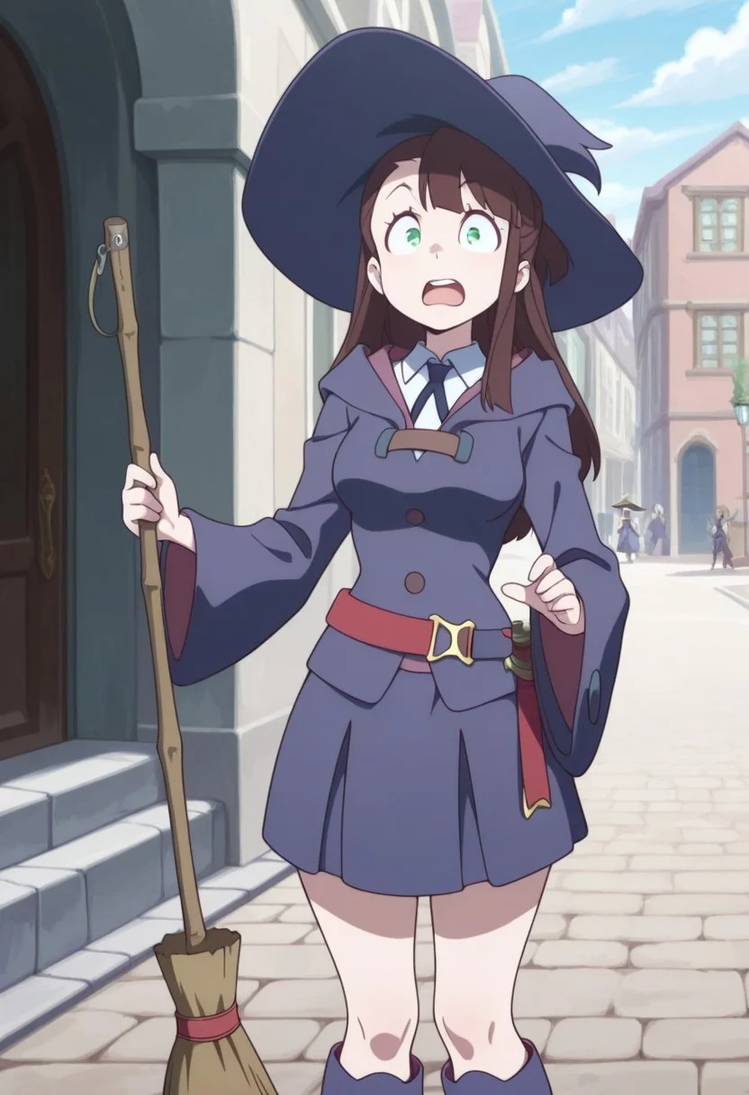 masterpiece,best quality,amazing quality, source_anime, surprised, 
AndrewHanbridge, 1girl, medium breasts, solo, green eyes, brown hair, long hair, luna nova school uniform, hat, witch hat, shirt, white shirt, collared shirt, ribbon, neck ribbon, jacket, purpe jacket, long sleeves, wide sleeves, belt, red belt, boots, purple boots, knee boots, broom, witch broom, holding broom, young face,
outdoor,