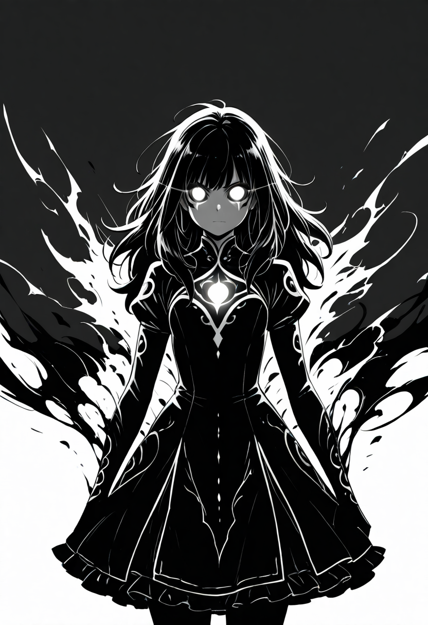 masterpiece, best quality,   zzShadowMagic, 1girl, solo, long hair, simple background, white background, dress, monochrome, greyscale, glowing eyes, silhouette, looking at viewer  ,<lora:ShadowMagic_NAI:1.0>,