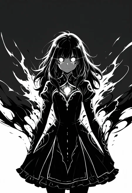 masterpiece, best quality,   zzShadowMagic, 1girl, solo, long hair, simple background, white background, dress, monochrome, greyscale, glowing eyes, silhouette, looking at viewer  ,<lora:ShadowMagic_NAI:1.0>,
