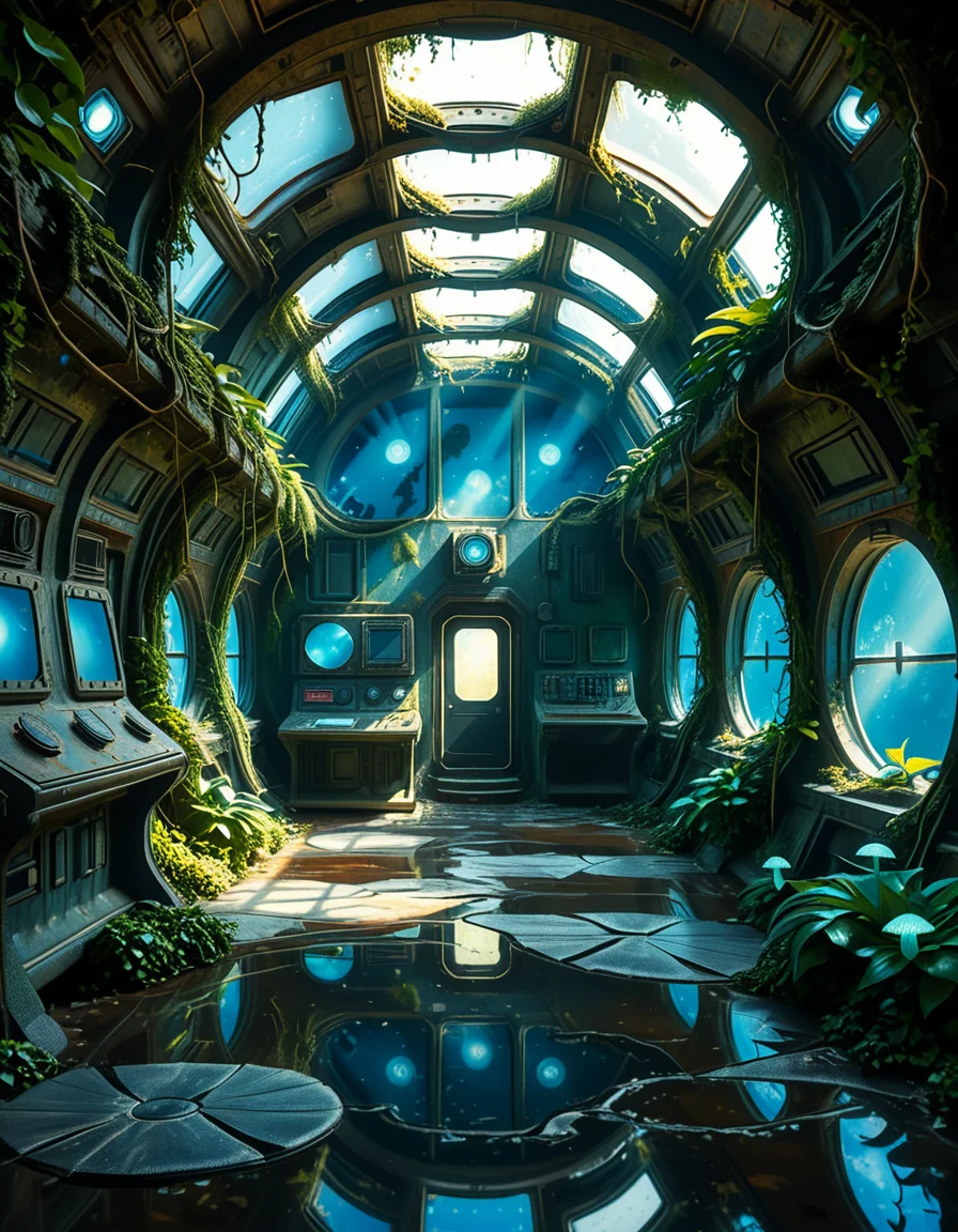The interior of an ancient abandoned spaceship, overtaken by lush vegetation. The walls and ceiling are covered in thick, twisting vines and moss. Strange alien plants glow faintly in shades of blue and green, casting an eerie, mystical light across the metallic surfaces. Rusted control panels and shattered glass windows hint at a long-forgotten past. The floor is cracked and partially flooded with still, reflective water. Patches of bioluminescent fungi cling to the corners, adding a surreal atmosphere. The air feels heavy with moisture, and beams of soft, diffused light filter through holes in the hull, creating dramatic shafts of light and shadow. The overall style is hyper-realistic, rich in textures, with a cinematic and slightly melancholic mood.<lora:SDXLFaeTastic2400:0.4> <lora:extremely_detailed:0.4> extremely detailed,<lora:ancient_abandoned_sp4c3sh1p:1>,ancient abandoned sp4c3sh1p, Masterpiece,best quality,hi res,8k,hi res,8k,award winning,(sharp focus, intricate, highly detailed),