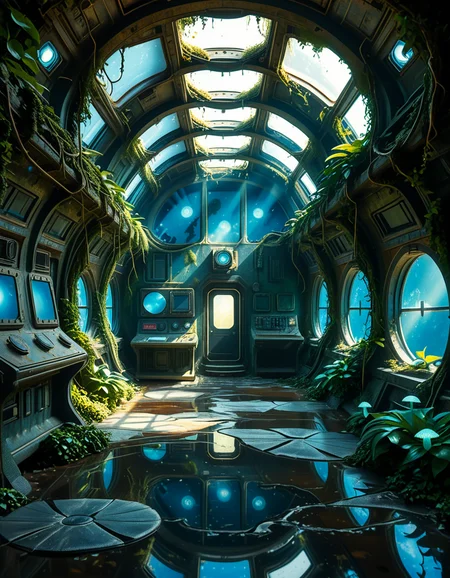 The interior of an ancient abandoned spaceship, overtaken by lush vegetation. The walls and ceiling are covered in thick, twisting vines and moss. Strange alien plants glow faintly in shades of blue and green, casting an eerie, mystical light across the metallic surfaces. Rusted control panels and shattered glass windows hint at a long-forgotten past. The floor is cracked and partially flooded with still, reflective water. Patches of bioluminescent fungi cling to the corners, adding a surreal atmosphere. The air feels heavy with moisture, and beams of soft, diffused light filter through holes in the hull, creating dramatic shafts of light and shadow. The overall style is hyper-realistic, rich in textures, with a cinematic and slightly melancholic mood.<lora:SDXLFaeTastic2400:0.4> <lora:extremely_detailed:0.4> extremely detailed,<lora:ancient_abandoned_sp4c3sh1p:1>,ancient abandoned sp4c3sh1p, Masterpiece,best quality,hi res,8k,hi res,8k,award winning,(sharp focus, intricate, highly detailed),