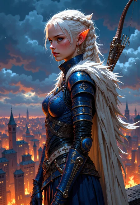 cinematic photo. Image is a digital painting featuring a fantasy-themed scene. The layout is vertical, focusing on a central female elf figure standing on top of the roof, looking at burning medieval city under her feet. The woman has fair skin and long, white hair with braids. She wears a dark blue mythril armour, dark cobalt chainmail with silver elven ornaments. Her expression is confident and cold, with a slight scorn. A large bone longbow in on her back, with ornate gray quiver beside. The background is a cloudy night sky, enhancing the dramatic lighting on the subject. A white fur cloak drapes over her back, adding to the fantasy and slightly dystopian atmosphere. 35mm photograph, film, bokeh, professional, 4k, highly detailed
<lora:Anime v1.3:0.6> <lora:VividlySurreal:0.6> <lora:FLUX-daubrez-DB4RZ-v2:0.4> <lora:FluxMythP0rtr4itStyle:0.6>