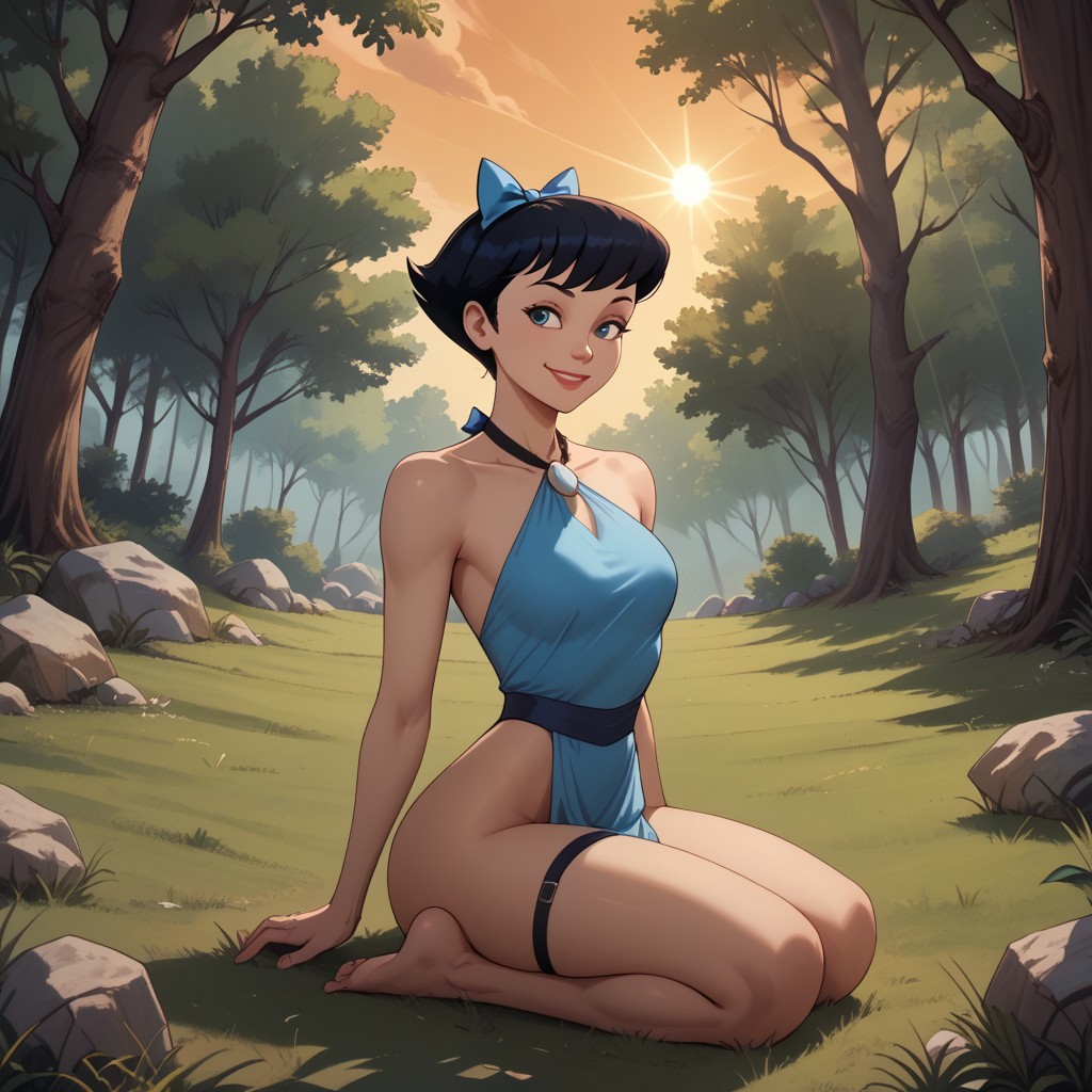 score_9, score_8, BREAK, Betty Rubble, slim body, slender, fair skin, short hair, black hair in a bob, sky-blue loincloth/halter dress connected to a white stone with black straps that tie around the back of her neck like a necklace, asymmetrical hemline, sky-blue bow in her hair, barefoot, sexy pose, self portrait, smile, outdoors, sunlight, shadows, evening lighting, natural lighting, forest, trees, grass, orange sky, sunset