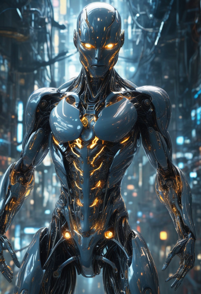 "Hyper-realistic biomechanical humanoid entity, a futuristic cyborg emerging from an electrified void. The figure has a metallic body with intricate liquid-like armor, seamlessly blending organic and machine elements. The surface of its body reflects light with a polished chrome texture, detailed with glowing golden energy veins coursing through its form. Its pose is dynamic, commanding streams of electricity flowing from both hands, illuminating the surrounding atmosphere with bright, crackling energy. The background is a misty cybernetic realm, filled with cascading light rays and digital patterns, creating a sense of infinite depth. The lighting emphasizes the sharp contours of its body, with a blend of cool blue tones and warm amber highlights. The scene exudes power, mystery, and advanced futuristic technology. Ultra-high detail, cinematic composition, 8K resolution, volumetric lighting, and photorealistic textures, inspired by a fusion of science fiction and cyberpunk aesthetics."