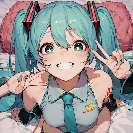 score_9, score_8_up, score_7_up,easynegative,hatsune miku,twintails,leotard,perfect tits,smiling,pov,peace sign,clothed,starry eyes
