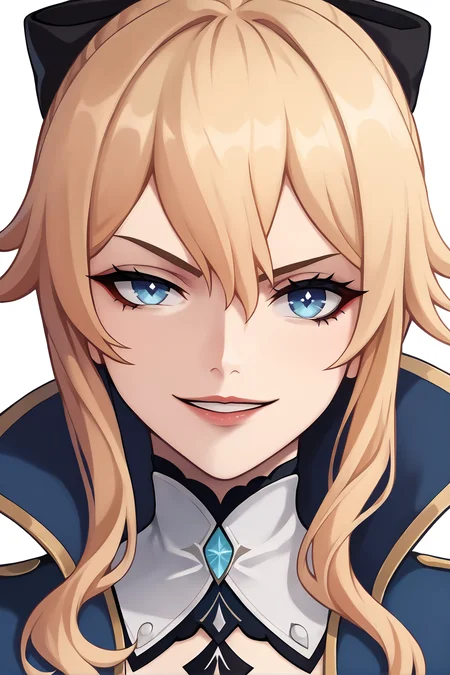 score_9, 
<lora:uneven_eyes_v1_lite:1>, uneven eyes, 
evil grin, 1girl, 
parted lips, light smile, 
head tilt, 
jean \(genshin impact\), 
high resolution, Masterpiece