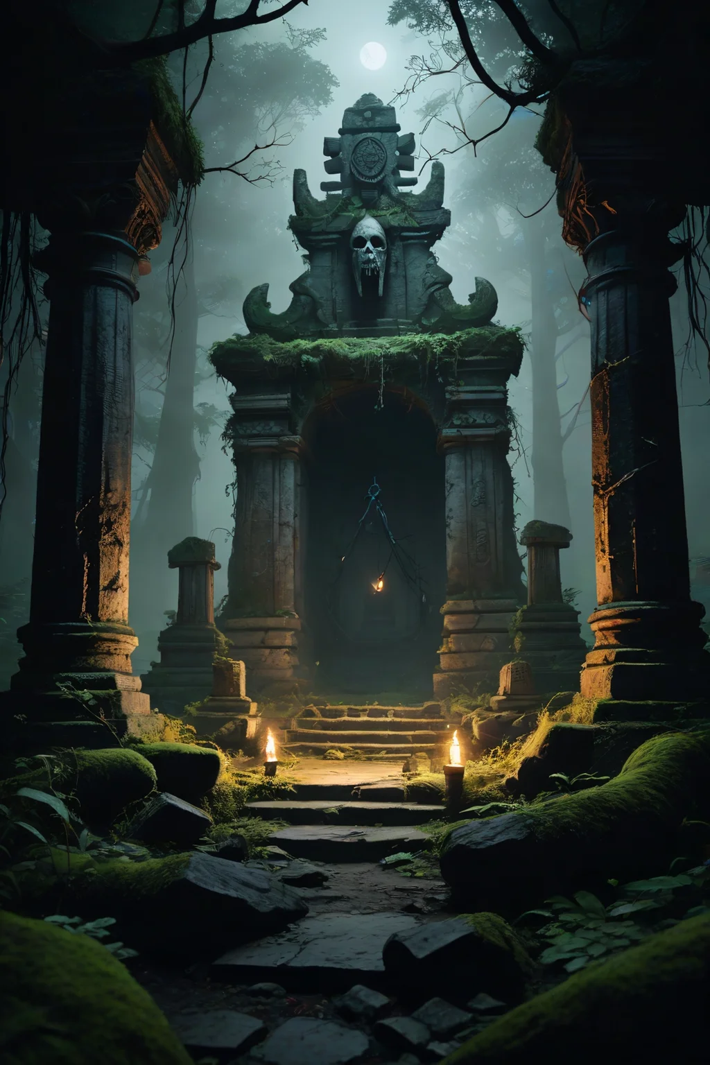 minimalist style Ancient temple ruins overgrown with vines and moss, with an anchor buried deep within the rubble, its rusty surface glowing ominously in the flickering torchlight as a group of angry cultists surround it, their faces twisted in fervent devotion, as if summoning some dark power from the depths of the earth. . simple, clean, uncluttered, modern, elegant