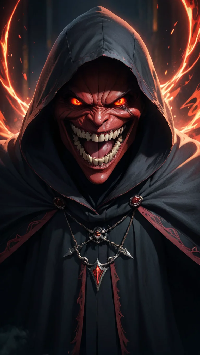 red_eyes, menacing_smile, flowing_cloak, dark_background, sinister_laughter, sharp_teeth, epic_showdown, glowing_weapon, masterpiece, best quality, highly detailed, sharp focus, dynamic lighting, vivid colors, texture detail, particle effects, storytelling elements, narrative flair, 16k, UE5, HDR, subject-background isolation