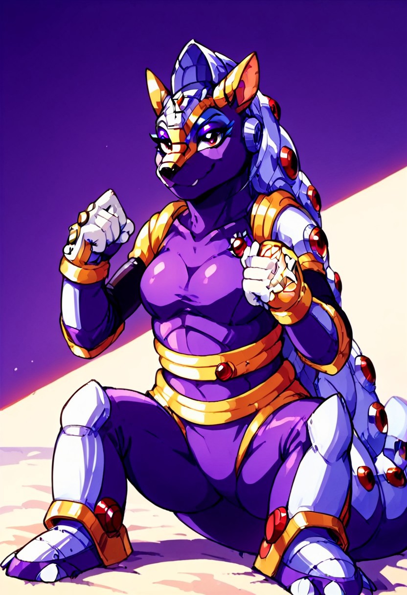 score_9, score_8_up, score_7_up, cowboy shot, armored animal, maverick, robotic, no humans, clenched hand, shell, megaman x, solo, armadillo, megaman, female, genderbending, sexy, looking at viewer, breasts, smug smile, feminine eyelashes, blue skies, 1girl, (dark purple eyeshadow:2), laying down, crouching, purple hair, armadillo form, red eyes, armadillo ears, anthro, Artifyber_style, kind, calm, cute pose, solo