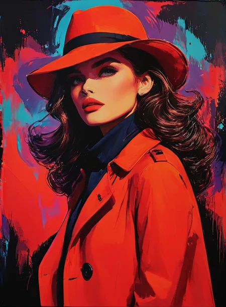 (impactful color paint of) Carmen Sandiago, red hat, trenchcoat, bold color pop, highly detailed, vibrant colors , sharp, professional, clear, high contrast, high saturated, vivid deep blacks, crystal clear <lora:Bold_Pop:1>