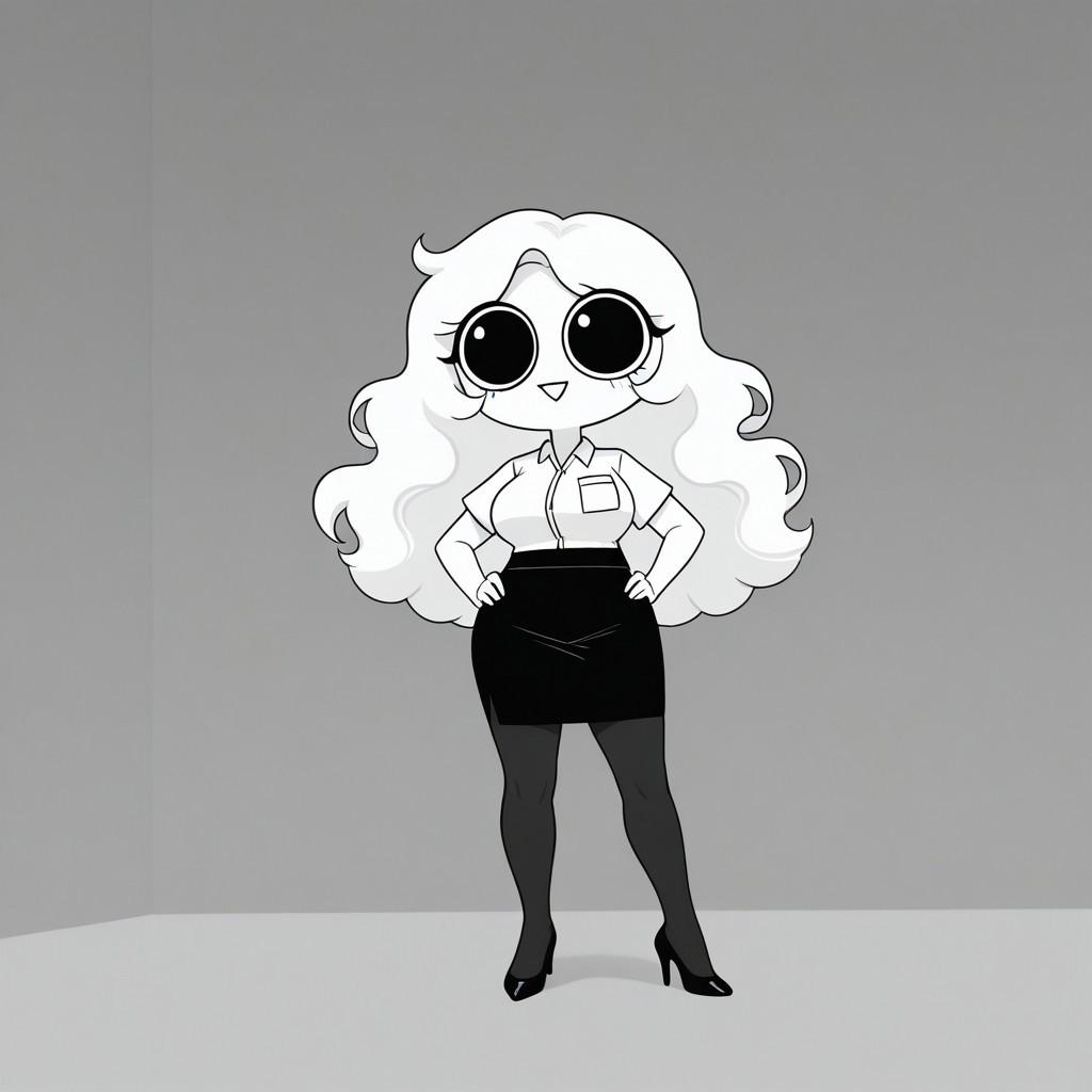 Xiaro, 1girl, solo, monochrome, big eyes, long wavy white hair, white short-sleeved office shirt, black skirt, black pantyhose, black heels
Xiaro smiling with her hands on her hips
 cartoon, simple, minimalist, plain style, voluptuous body, chubby