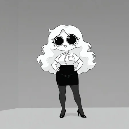 Xiaro, 1girl, solo, monochrome, big eyes, long wavy white hair, white short-sleeved office shirt, black skirt, black pantyhose, black heels
Xiaro smiling with her hands on her hips
 cartoon, simple, minimalist, plain style, voluptuous body, chubby