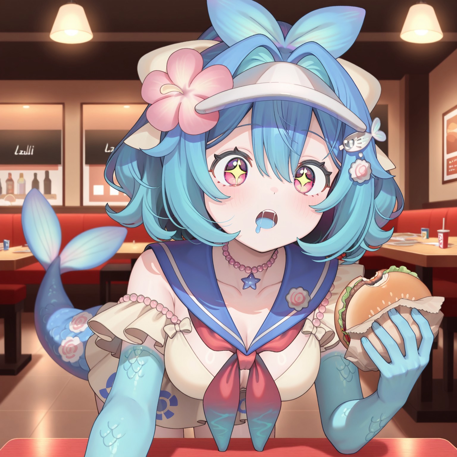 masterpiece, best quality, lazuli, 1girl, blue hair, hair bow, yellow bow, pink eyes, short hair, wide ponytail, medium breasts, fish tail, blue scales, head fins, visor cap, fish hair ornament, hair flower, pearl choker, sailor dress, yellow dress, single off shoulder, neckerchief, blue arms, blue hands, crawling, all fours, saliva, drool, holding burger, sparkling eyes, restaurant, table, pov, looking at object, 