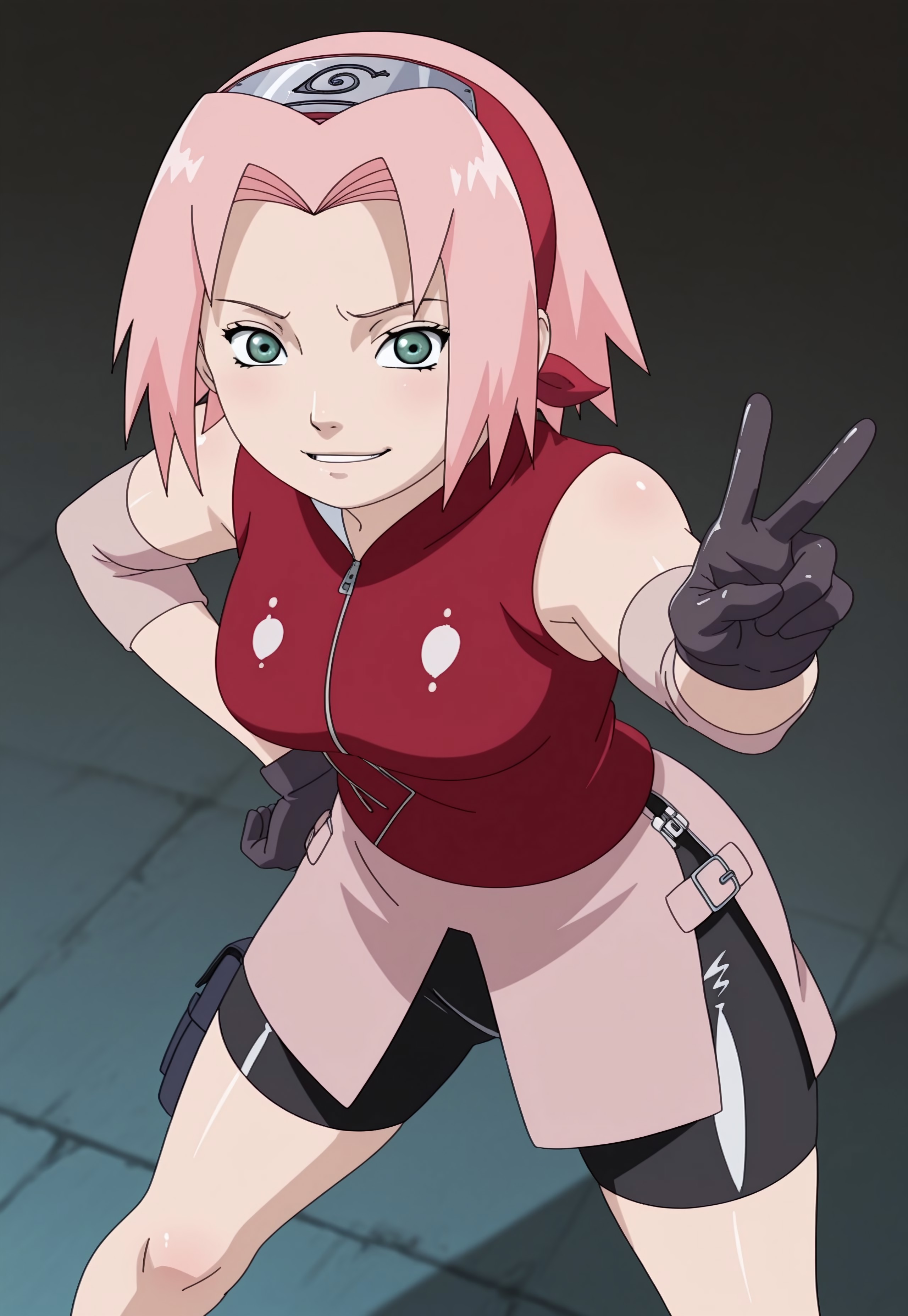 Masterpiece, best quality, dynamic_pose, anime coloring, anime screencap, 1girl, solo, sakura haruno, haruno sakura, short hair, green eyes, pink hair, parted bangs, hairband, forehead protector, mature female, medium breasts, gloves, sleeveless, black gloves, red shirt, zipper, forehead protector, konohagakure symbol, bike shorts, zipper, shiny clothes, latex, one hand on hip, v, looking at viewer, smug, parted lips, cowboy_shot, leaning forward, from above, standing, spread legs, venusbody,