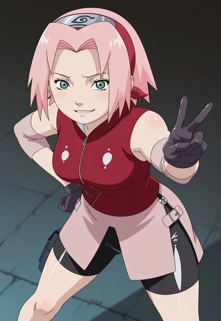 Masterpiece, best quality, dynamic_pose, anime coloring, anime screencap, 1girl, solo, sakura haruno, haruno sakura, short hair, green eyes, pink hair, parted bangs, hairband, forehead protector, mature female, medium breasts, gloves, sleeveless, black gloves, red shirt, zipper, forehead protector, konohagakure symbol, bike shorts, zipper, shiny clothes, latex, one hand on hip, v, looking at viewer, smug, parted lips, cowboy_shot, leaning forward, from above, standing, spread legs, venusbody,