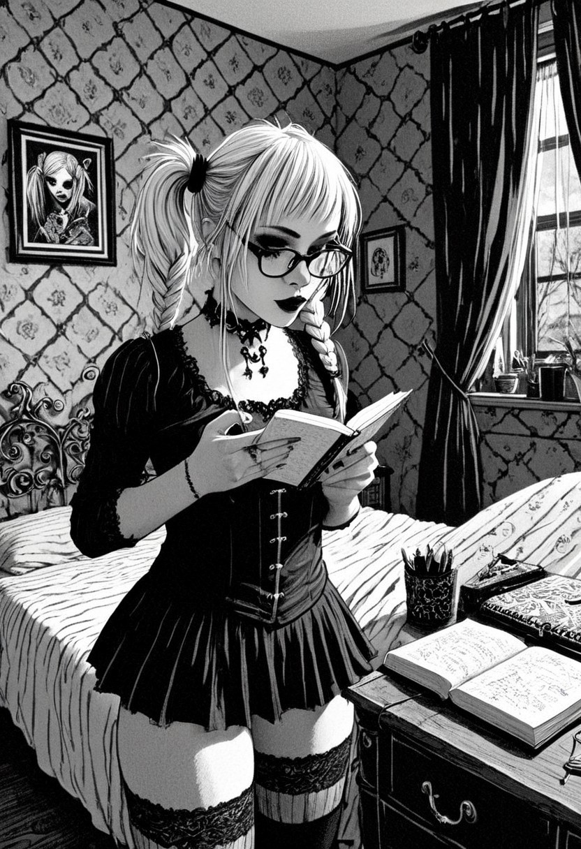 gothic, digital illustration, flat colors, line art, black and white, nerdy 18 year old goth girl writing in her diary, glasses, blond, pigtails, short skrit, inside her bedroom, sexy, creative angle,