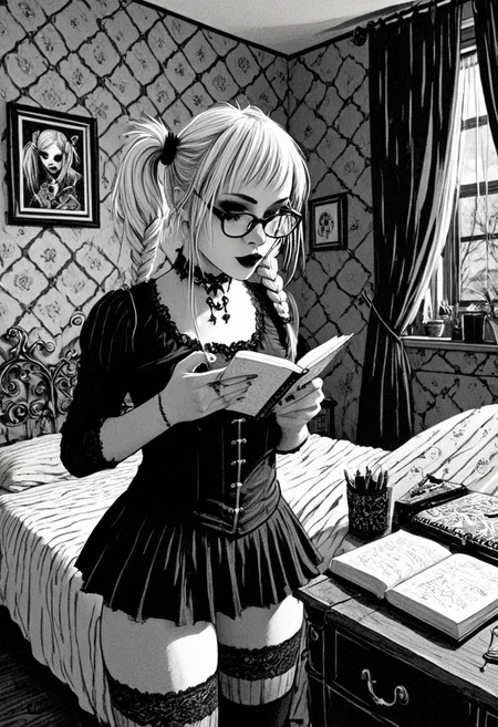 gothic, digital illustration, flat colors, line art, black and white, nerdy 18 year old goth girl writing in her diary, glasses, blond, pigtails, short skrit, inside her bedroom, sexy, creative angle,