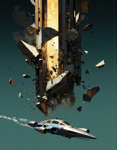 A digital artwork depicting a futuristic, sci-fi scene set in outer space. The primary subject is a large, cylindrical space station or structure that appears to be in the process of being destroyed or disintegrating. The station is illuminated by a bright, golden light emanating from its center, casting a warm glow against the dark, teal-hued background of space. The structure is partially obscured by debris, including large, angular shards and smaller fragments, suggesting a catastrophic event.
In the foreground, a small, sleek spaceship is flying towards the space station. The ship is highly detailed, with a metallic exterior featuring a mix of silver and blue hues. It has multiple engines and a large, rectangular window, allowing a view of the interior. The ship's design is futuristic and somewhat organic, with curved edges and a streamlined form.
The artwork is highly detailed, with a realistic yet stylized aesthetic, evoking a sense of both awe and peril.