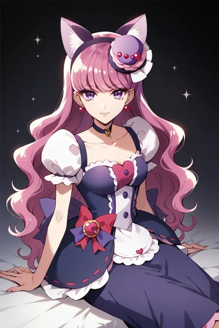 score_9,score_8_up,score_7_up,masterpiece, best quality, source_anime, 1 girl,<lora:Smooth Anime:0.8> sitting, looking at viewer,
<lora:Cure Macaron:0.8> Cure Macaron, Kotozume Yukari, fake cat ears, purple bow choker, macaron hair ornament, red earrings, purple hair, purple eyes, wavy hair, long hair,