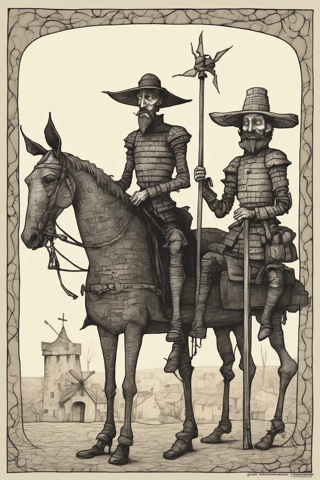 John Kenn Mortensen Style - don quixote and sancho panza in the style of John Kenn Mortensen