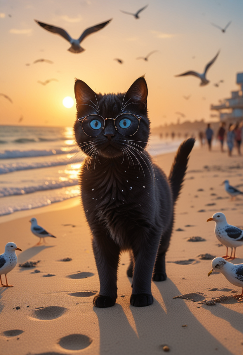 (medium full shot) of (cute cat), black fur, spotted, blue, tiny glasses,  set in  a lively beach with children playing, seagulls calling, and an energetic vibe , during sunset, while purring contentedly, Masterpiece,best quality, photo, realistic, very aesthetic,