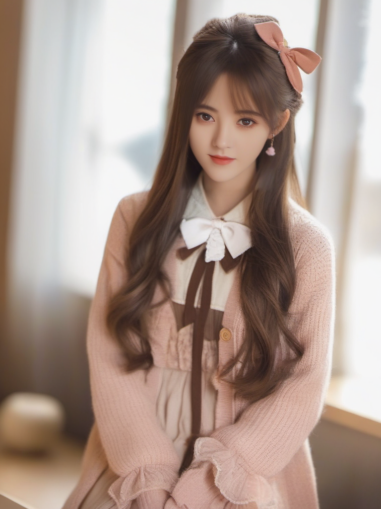 masterpiece, best quality, girl, long hair, looking at viewer, brown cardigan , frilled socks, hair_bow, bowtie, in winter, blush, sweater dress, ,<lora:sl_btf:1>