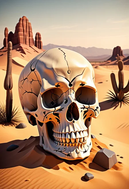 Award winning illustration of a skull in a desert