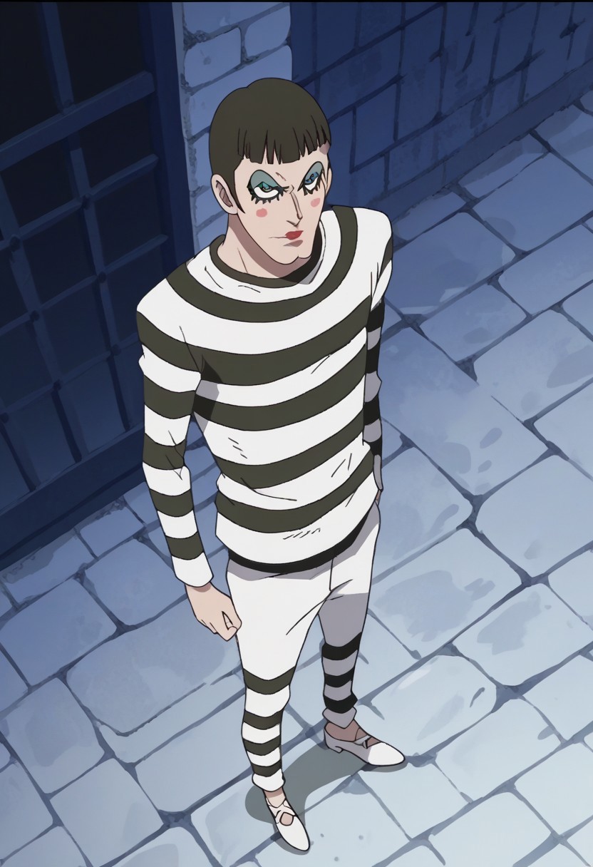 score_9, score_8_up, score_7_up, source_anime, rating_safe, BonOP, black_Bon_hair, Bon_makeup, black eyes, 1boy, male focus, anime screencap, black-white_Bon_shirt, black-white_Bon_pants, white_Bon_shoes