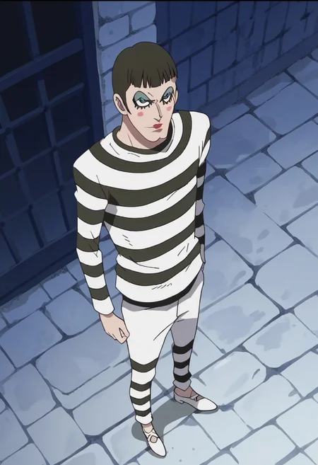 score_9, score_8_up, score_7_up, source_anime, rating_safe, BonOP, black_Bon_hair, Bon_makeup, black eyes, 1boy, male focus, anime screencap, black-white_Bon_shirt, black-white_Bon_pants, white_Bon_shoes