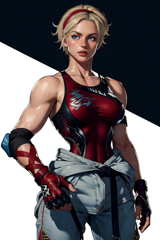 masterpiece,best quality,extreme detail,8k,white background,<lora:lidia:0.8>,LidiaSobieska,1girl,solo,breasts,short hair,blue eyes,blonde hair,gloves,medium breasts,hairband,black gloves,fingerless gloves,lips,alternate hairstyle,tank top red,armband,scar across eye,red hairband,clothes around waist,dougi,jacket around waist,cowboy_shot,upper_body,