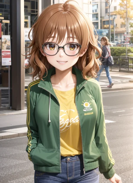 masterpiece, best quality, high quality, <lora:araki_hina_v10:1>, araki_hina, 1girl, glasses, solo, orange hair, smile, hair between eyes, pants, messy hair, shirt, ahoge, yellow shirt, semi-rimless eyewear, blush, grey pants, collarbone, under-rim eyewear, yellow t-shirt, short hair, huge breasts, outdoors, sky, green jacket, track jacket, japanese,